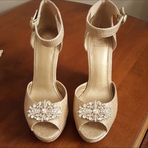 Belle Badgley Mischika gold platform shoes